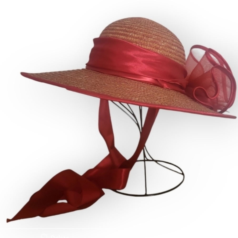 Michaela Red & Tan Straw Wide Brim Hat Satin Bow Accent 22” cc